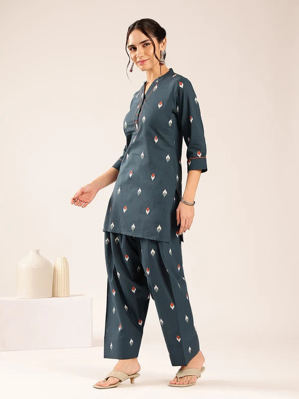 Olive Green Ikkat Printed Cotton Kurta Set