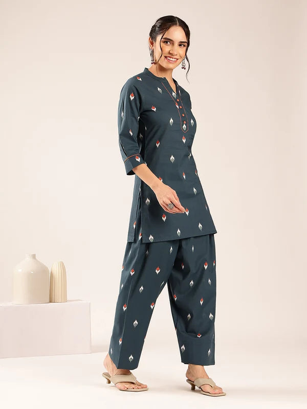Olive Green Ikkat Printed Cotton Kurta Set