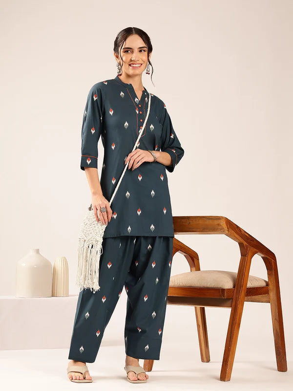 Olive Green Ikkat Printed Cotton Kurta Set