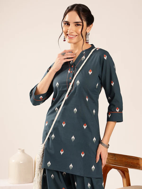 Olive Green Ikkat Printed Cotton Kurta Set