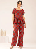 Maroon floral printed cotton co-ord set for women with flared top and wide-leg pants