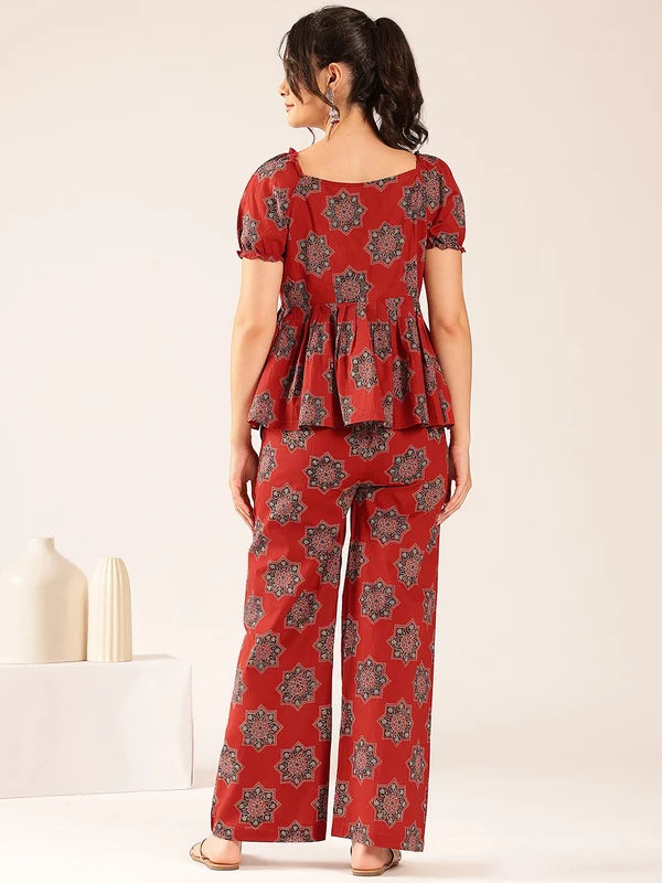 Maroon Floral Flared Cotton Stitched Co-Ord Set