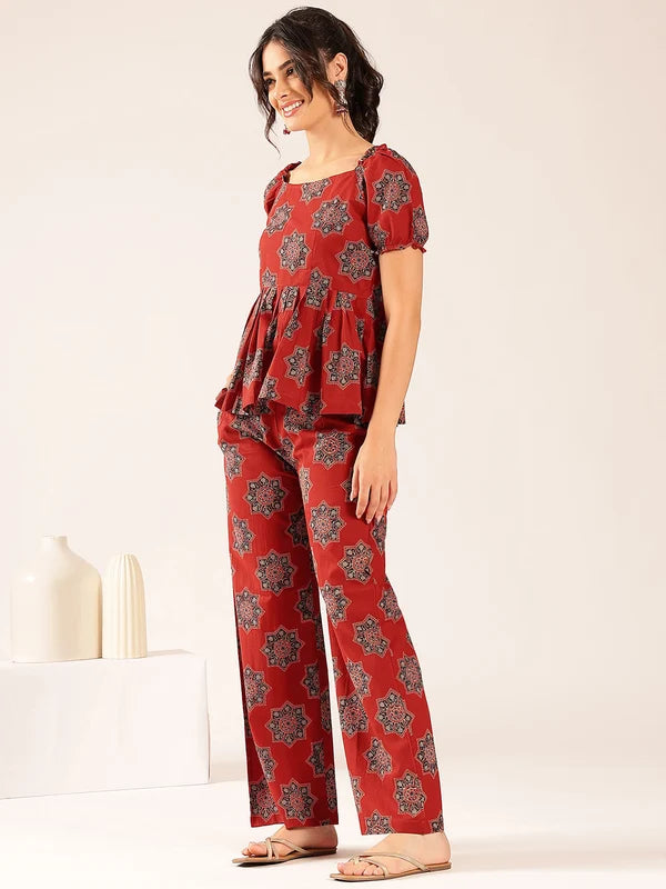 Maroon Floral Flared Cotton Stitched Co-Ord Set