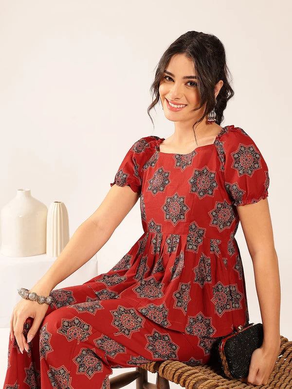 Maroon Floral Flared Cotton Stitched Co-Ord Set