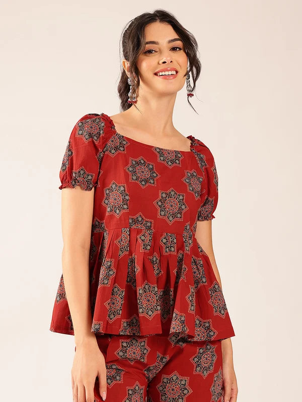 Maroon Floral Flared Cotton Stitched Co-Ord Set