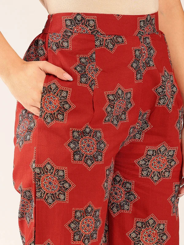Maroon Floral Flared Cotton Stitched Co-Ord Set