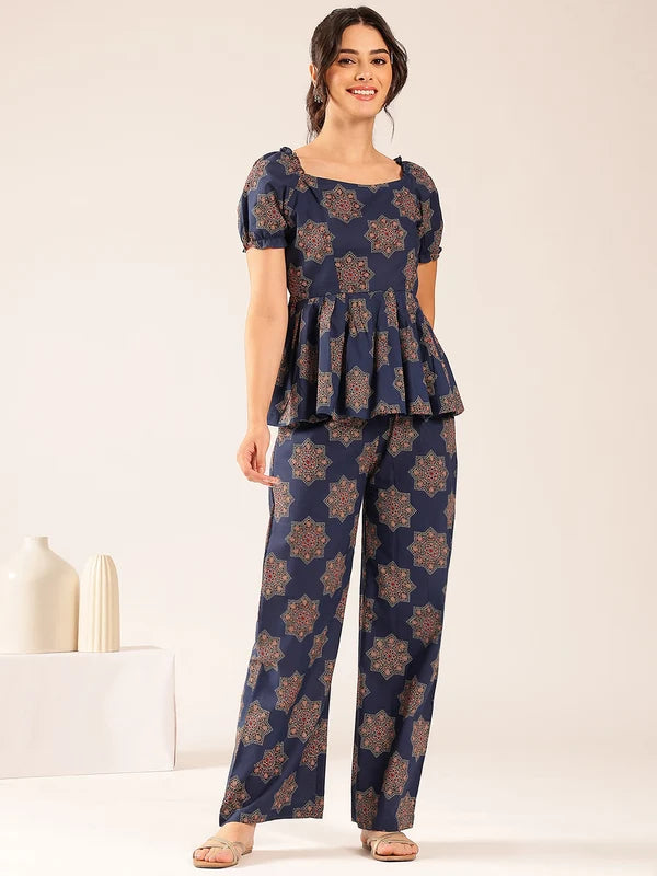 Blue floral printed cotton co-ord set for women with flared top and wide-leg pants