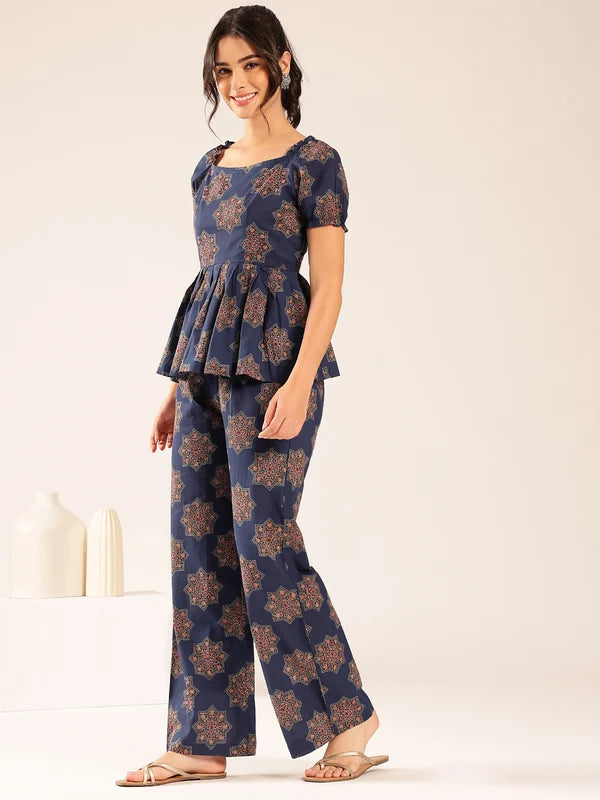 Maroon Floral Flared Cotton Stitched Co-Ord Set