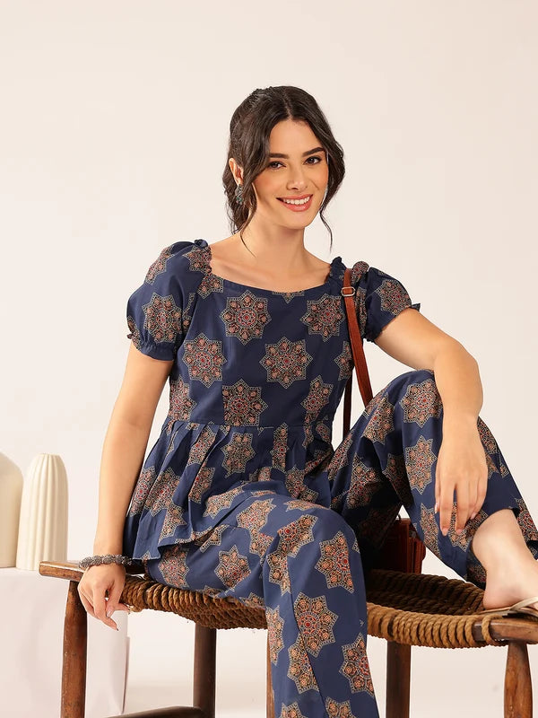 Maroon Floral Flared Cotton Stitched Co-Ord Set