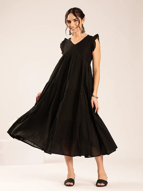 Women’s black solid cotton Anarkali dress with ruffle sleeves