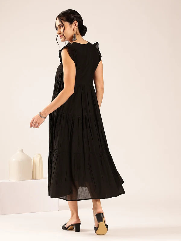 Coffee Brown Solid Cotton Anarkali Midi Dress