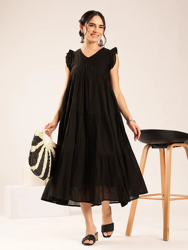 Coffee Brown Solid Cotton Anarkali Midi Dress