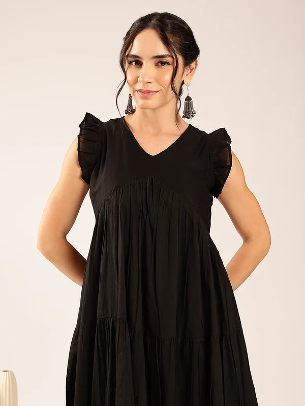 Coffee Brown Solid Cotton Anarkali Midi Dress