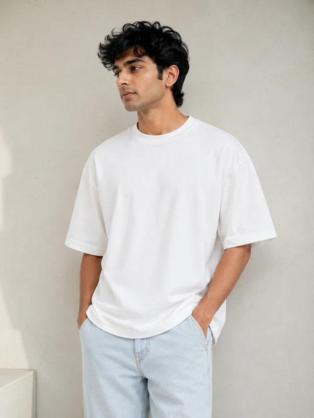 365BC men's white 240 GSM 100% cotton French Terry oversized T-shirt