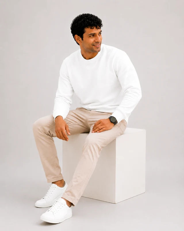 Men's premium white cotton blend crewneck sweatshirt, 88% cotton and 12% polyester, styled for everyday wear