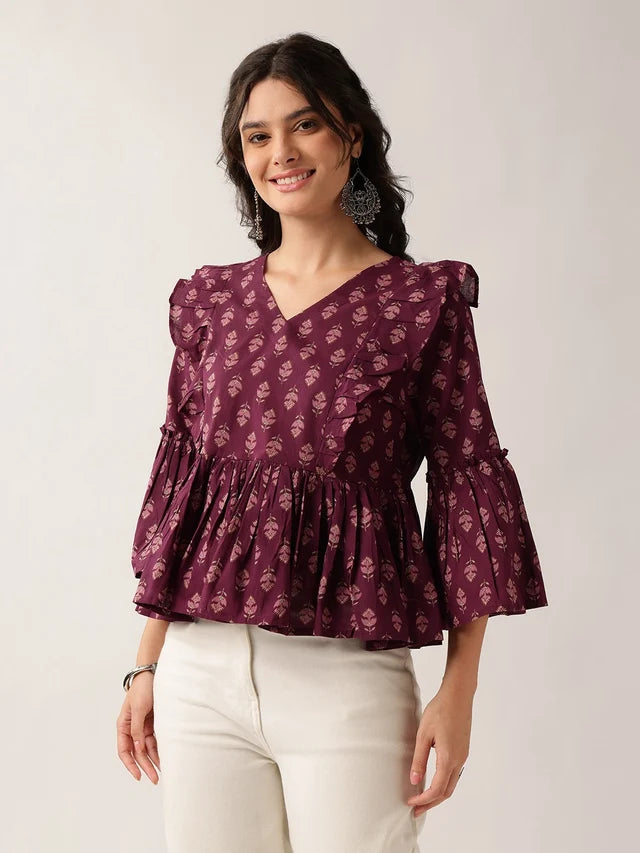 Women's plum printed cotton ruffle peplum top with V-neck and flared sleeves