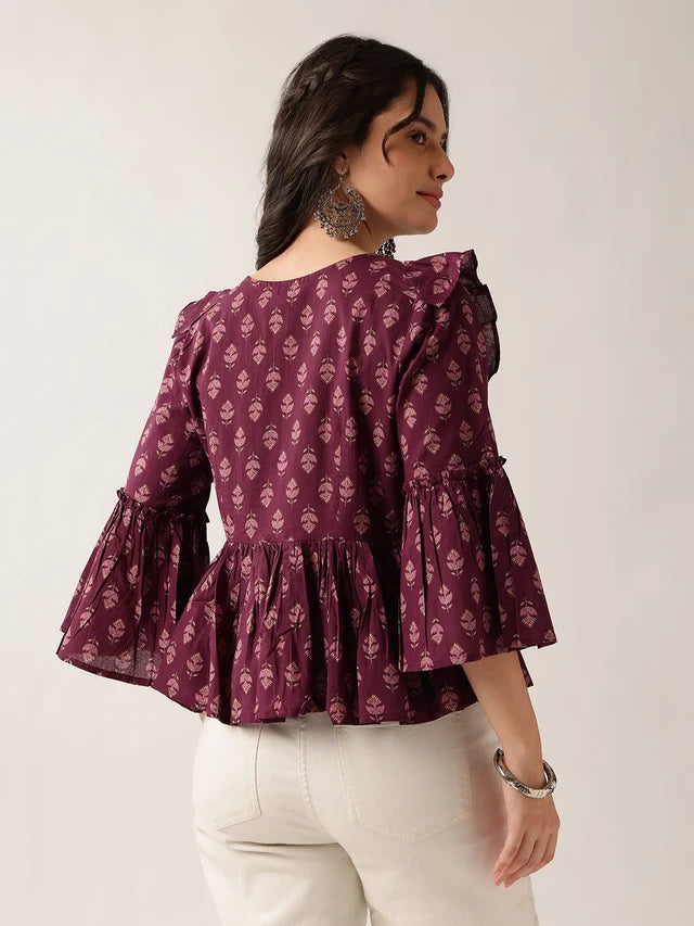 Women's Plum Printed Cotton Ruffle Peplum Top