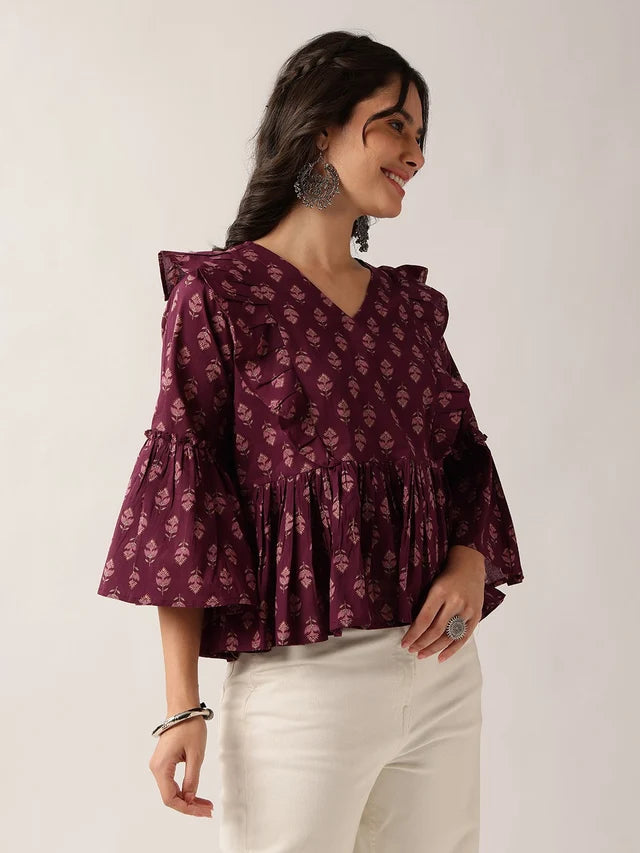 Women's Plum Printed Cotton Ruffle Peplum Top
