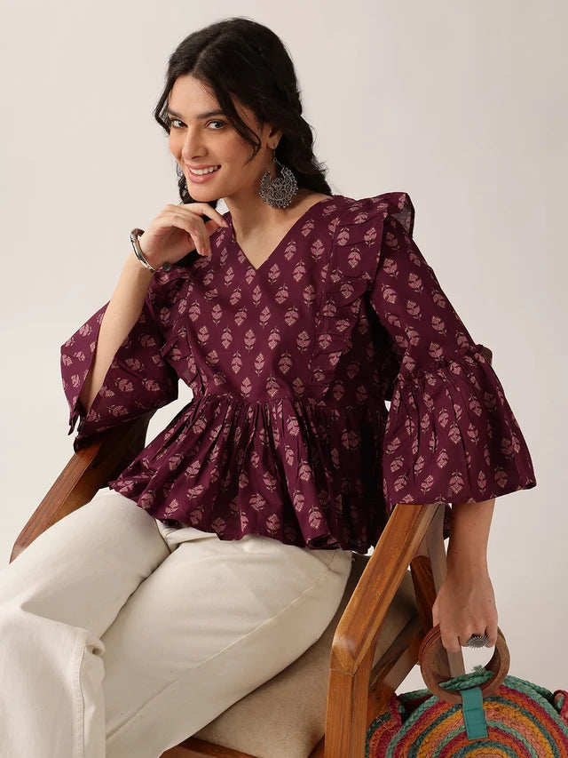 Women's Plum Printed Cotton Ruffle Peplum Top