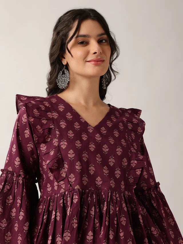 Women's Plum Printed Cotton Ruffle Peplum Top