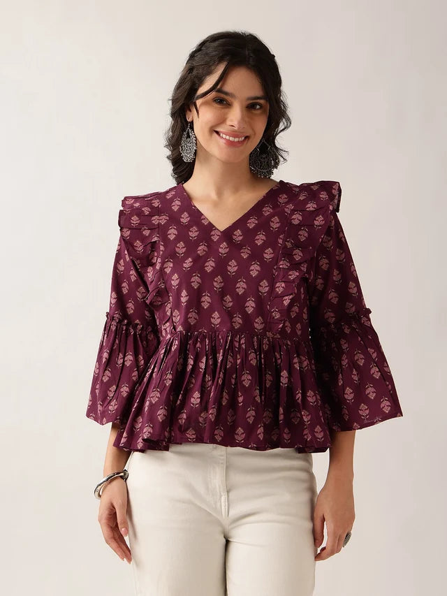Women's Plum Printed Cotton Ruffle Peplum Top