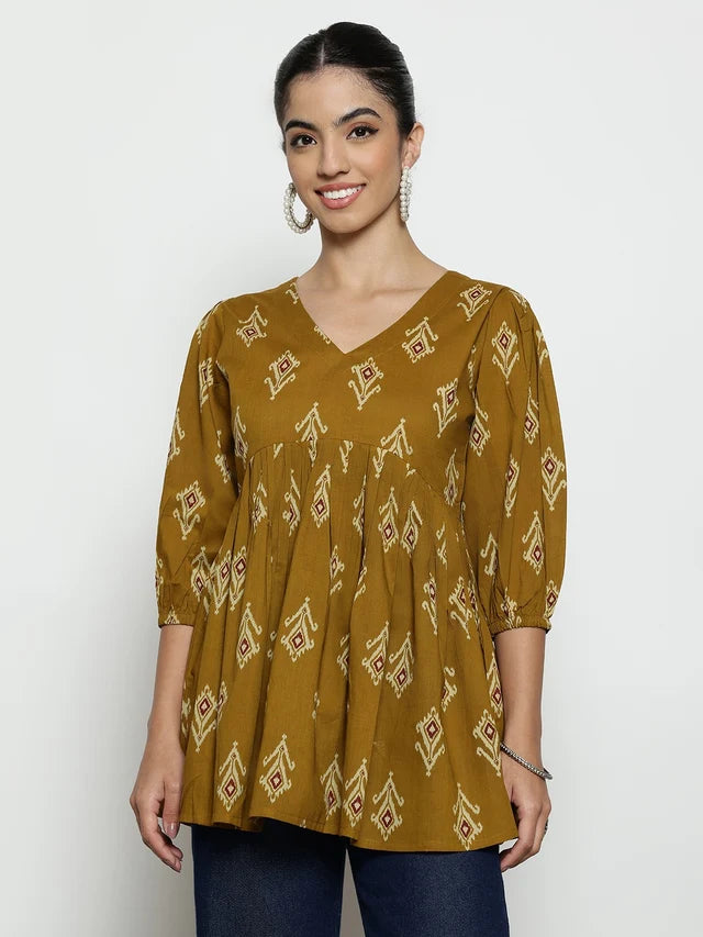 Dark Green Ikat Print Cotton Peplum Top