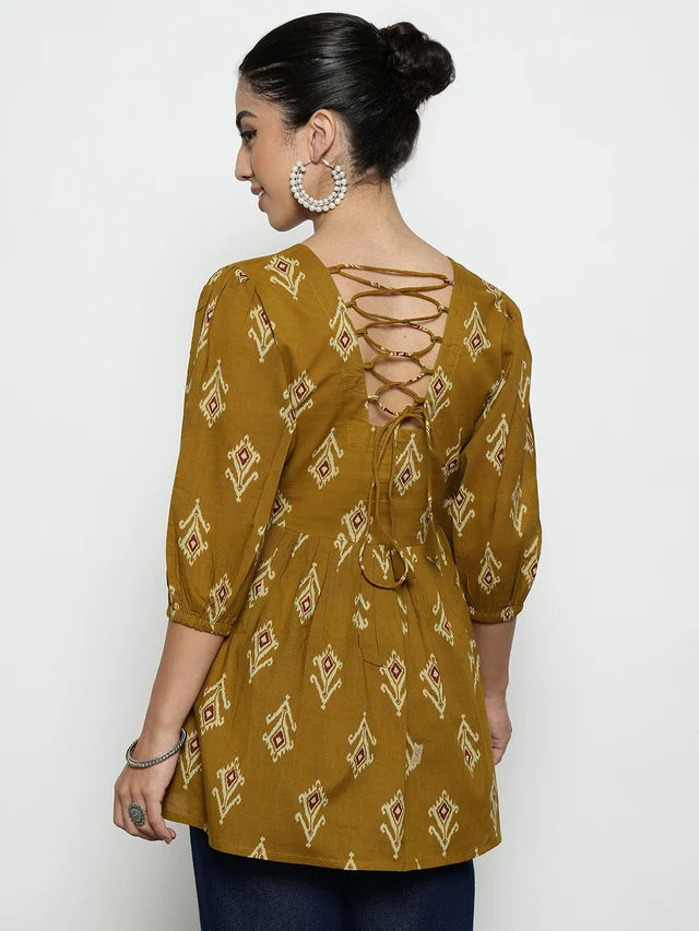 Dark Green Ikat Print Cotton Peplum Top