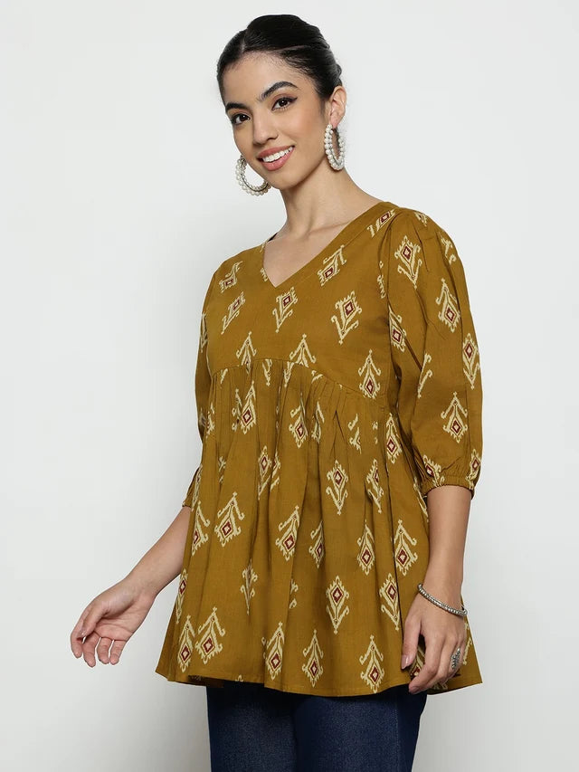 Dark Green Ikat Print Cotton Peplum Top