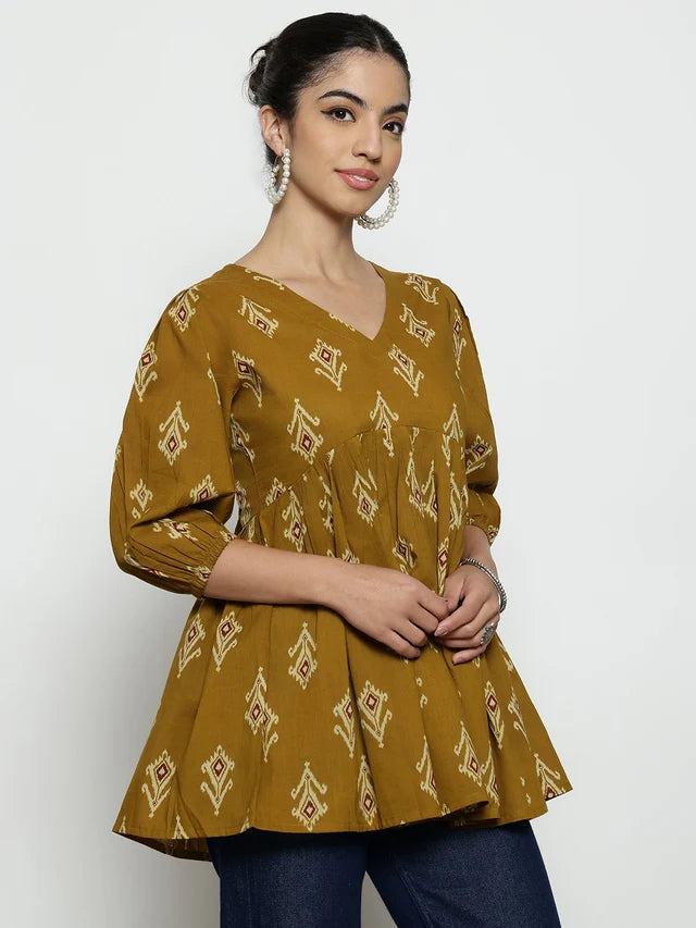 Dark Green Ikat Print Cotton Peplum Top