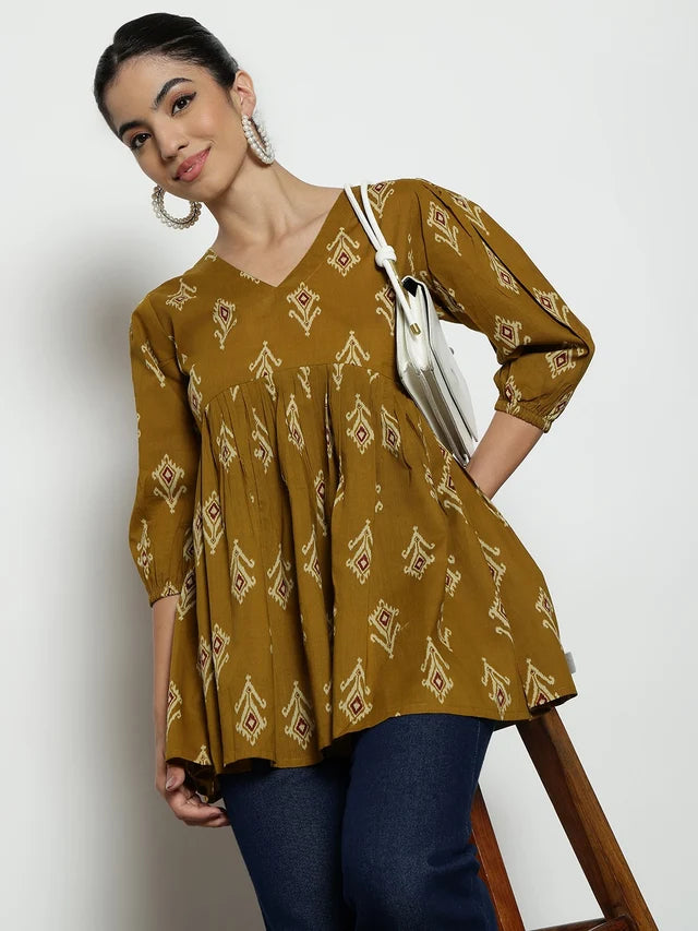 Dark Green Ikat Print Cotton Peplum Top