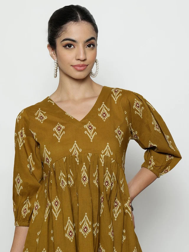 Dark Green Ikat Print Cotton Peplum Top