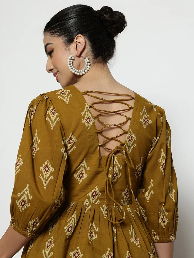Dark Green Ikat Print Cotton Peplum Top