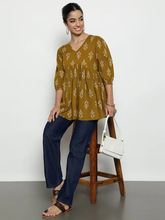 Dark Green Ikat Print Cotton Peplum Top