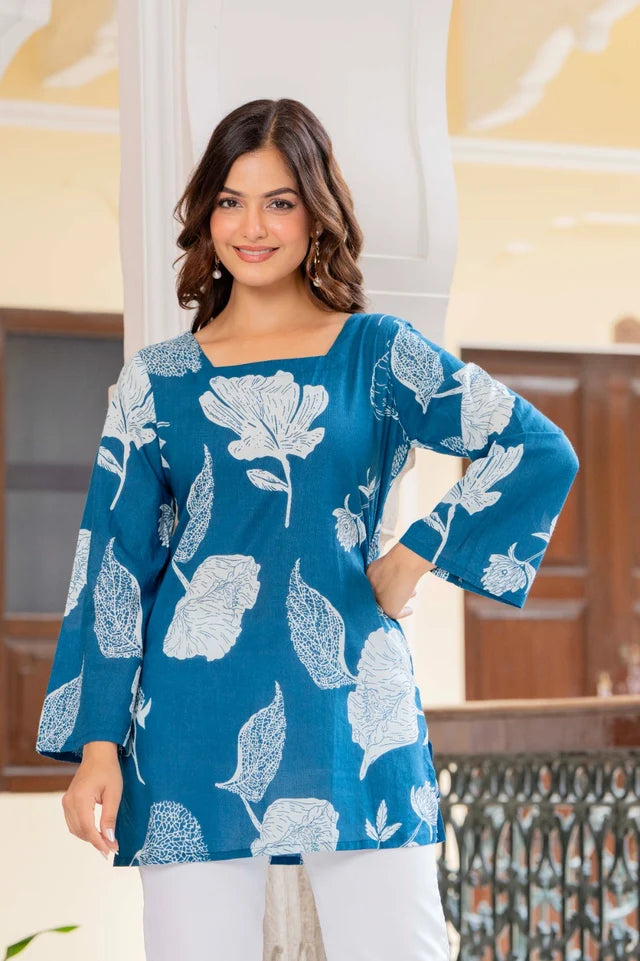 Women’s Cotton Printed Summer Top – Blue Floral Tunic