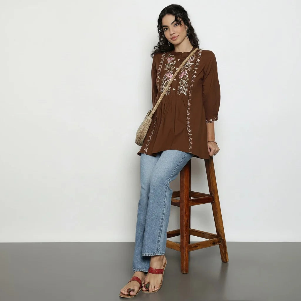 Women’s Yellow Cotton Embroidered Short Top