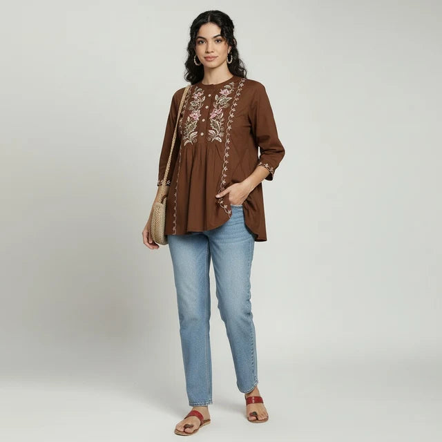 Women’s Yellow Cotton Embroidered Short Top