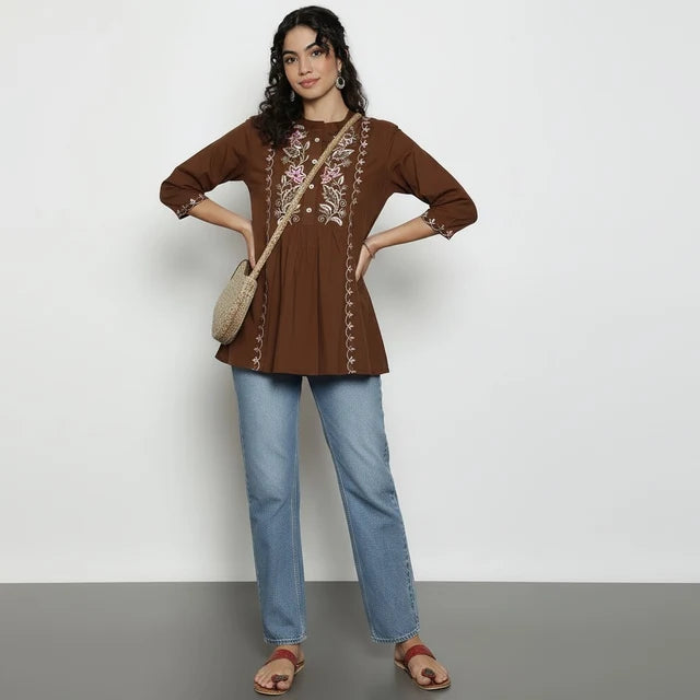 Women’s Yellow Cotton Embroidered Short Top