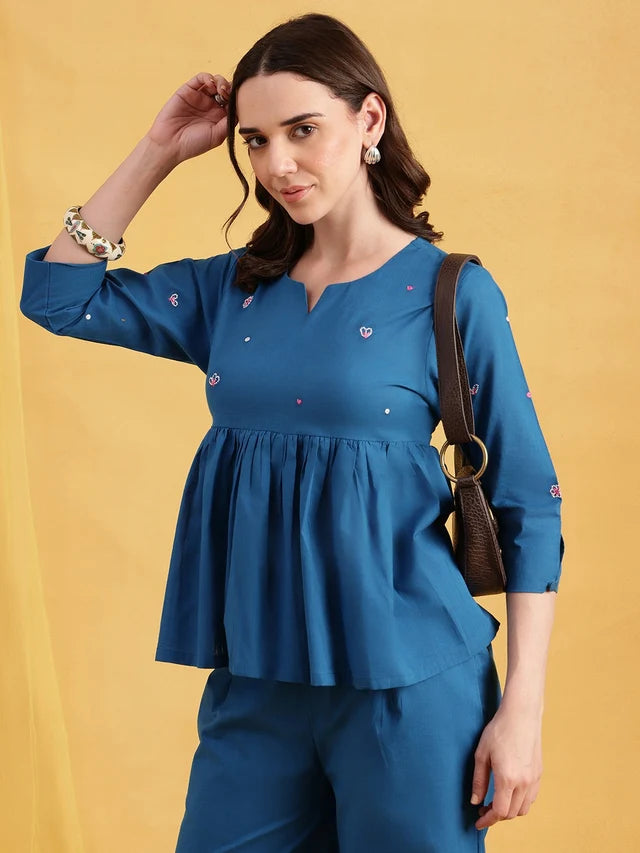 Cotton Co-Ord Set – Blue Top & Wide Pants