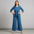 Blue cotton co-ord set for women with printed top and wide-leg pants