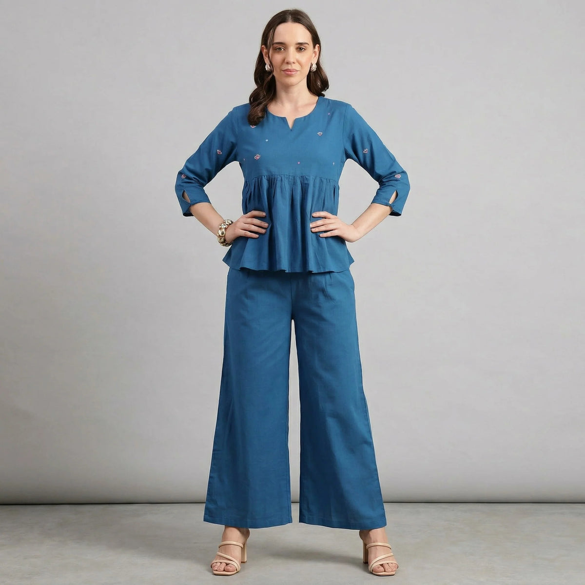 Blue cotton co-ord set for women with printed top and wide-leg pants