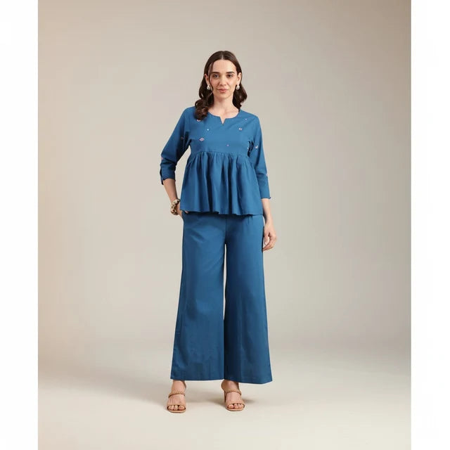 Cotton Co-Ord Set – Blue Top & Wide Pants