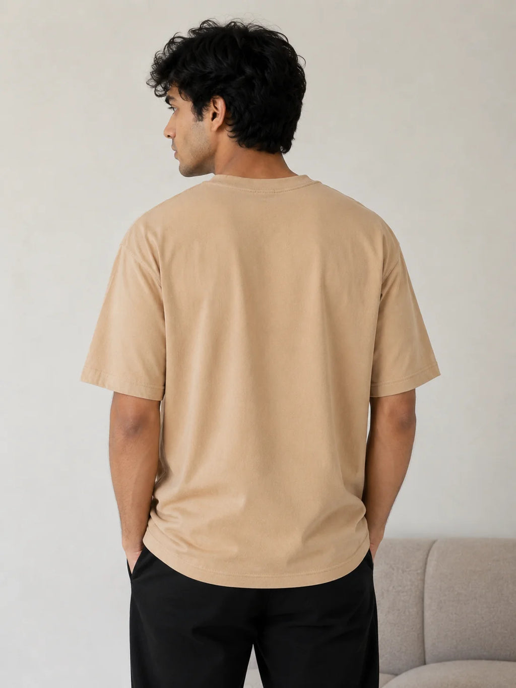 Men's Beige 240 GSM 100% Cotton French Terry Oversized T-Shirt