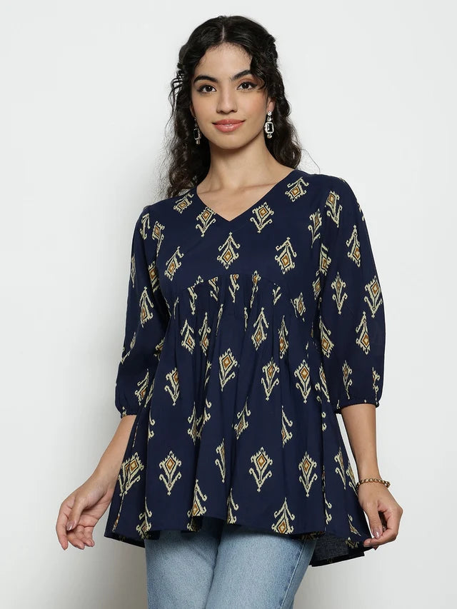Dark Green Ikat Print Cotton Peplum Top