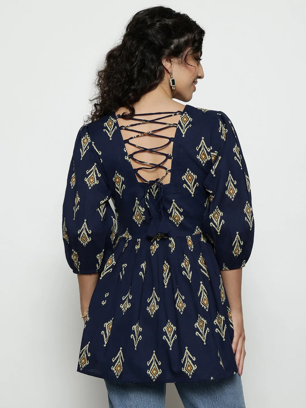 Dark Green Ikat Print Cotton Peplum Top