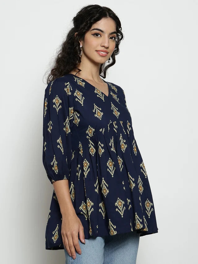 Dark Green Ikat Print Cotton Peplum Top