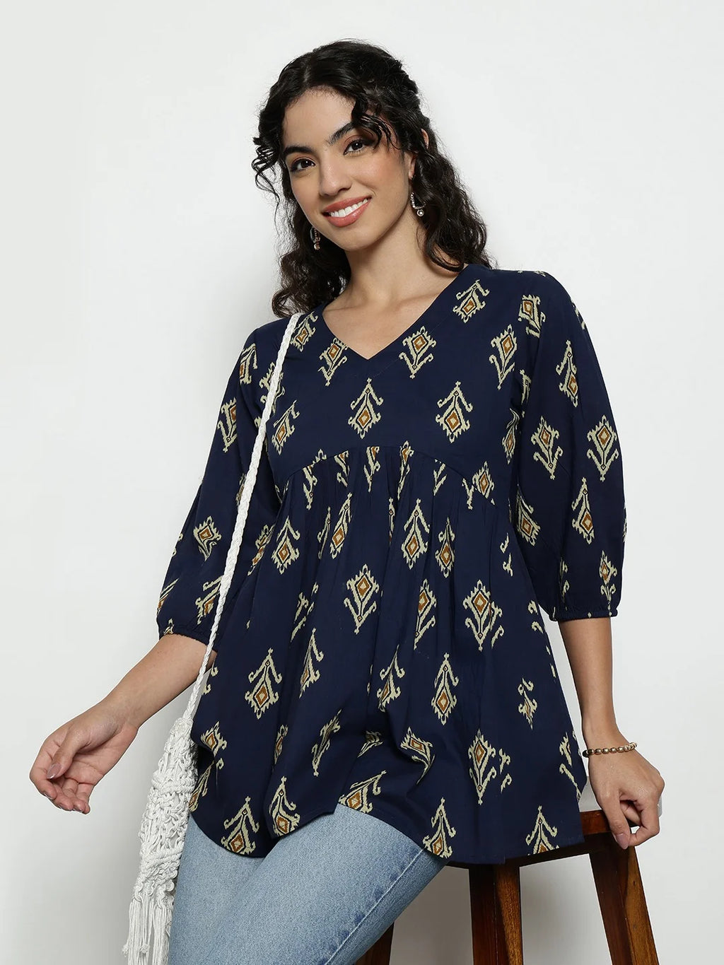 Dark Green Ikat Print Cotton Peplum Top