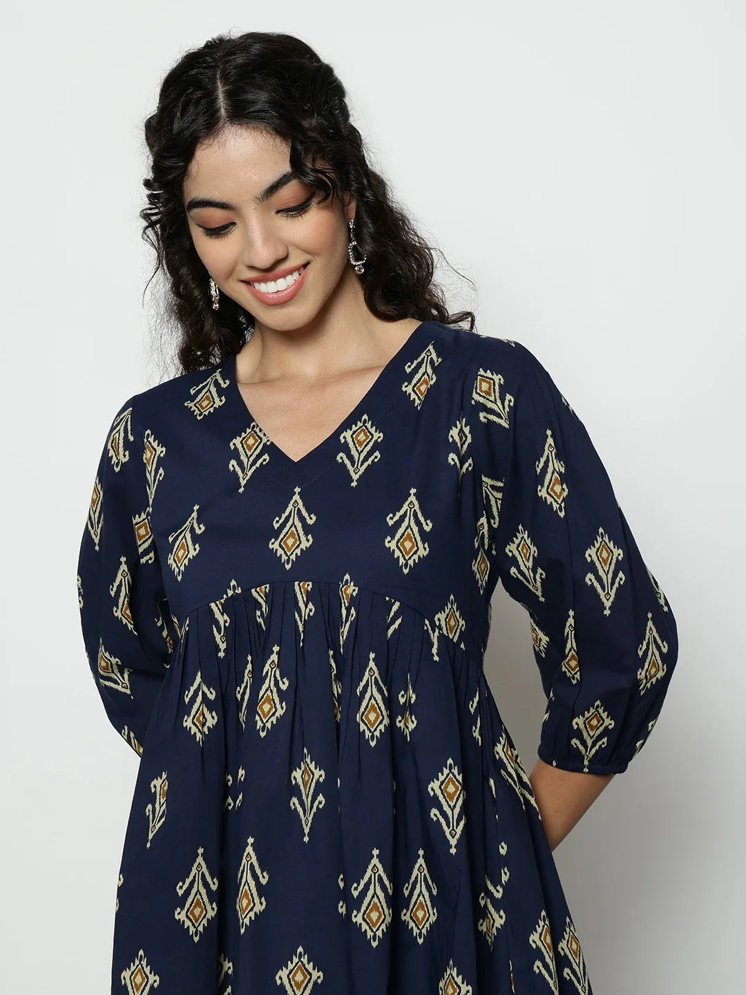 Dark Green Ikat Print Cotton Peplum Top
