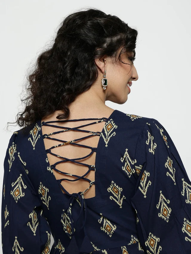 Dark Green Ikat Print Cotton Peplum Top
