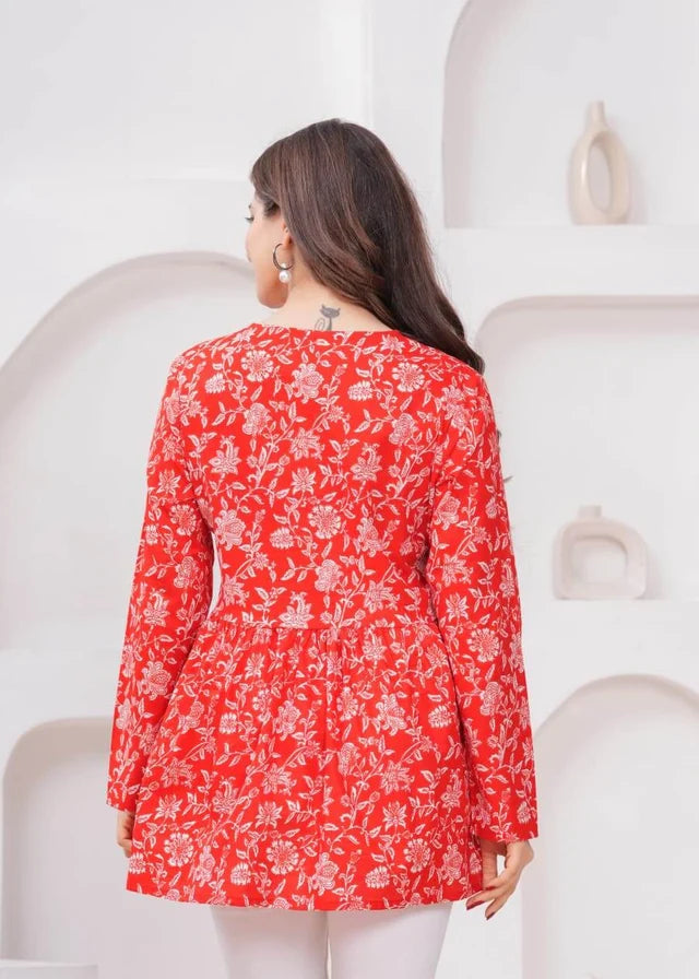 Bright Red Floral Printed Cotton Tunic Top
