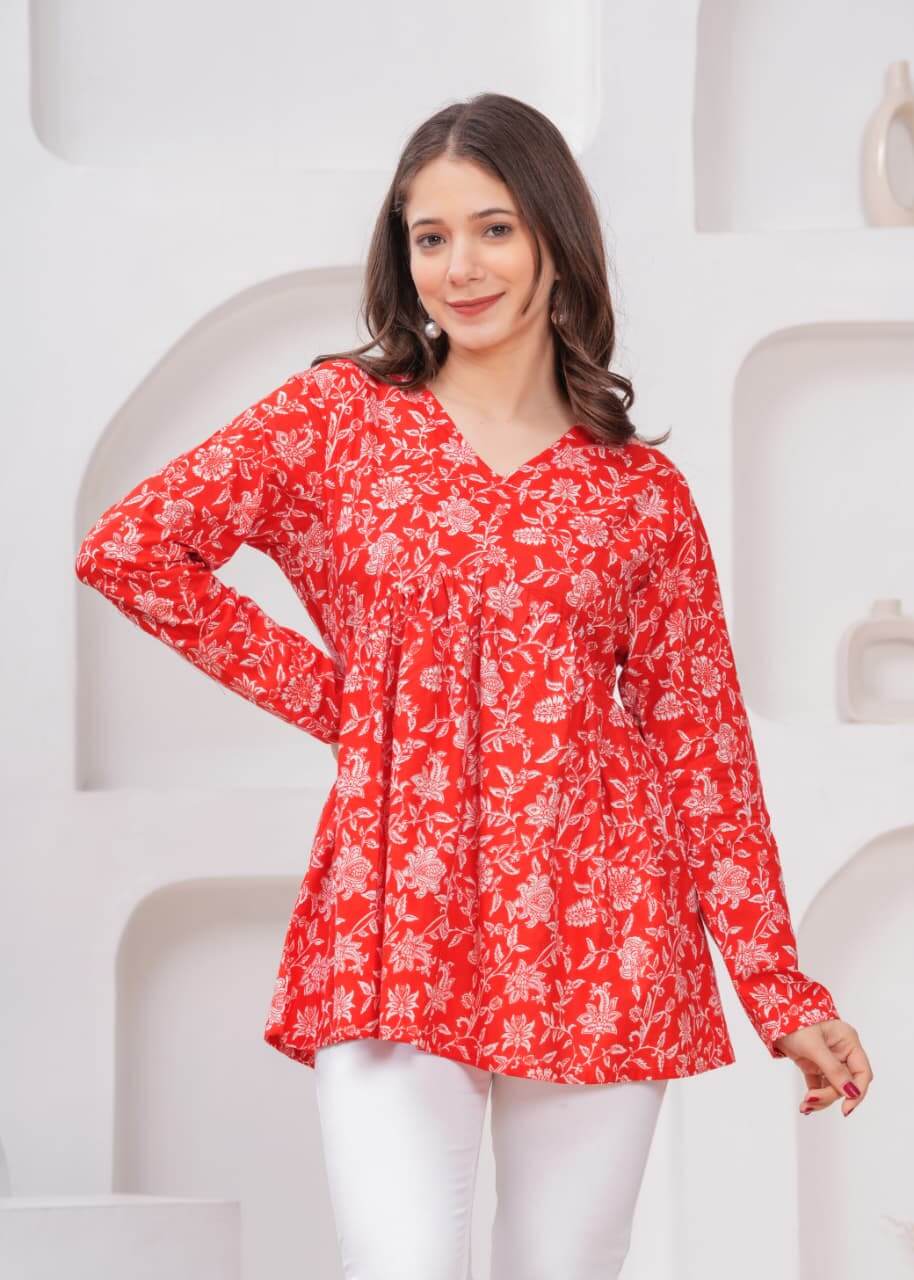 Bright Red Floral Printed Cotton Tunic Top